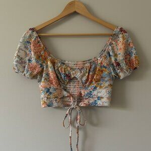SHEIN Floral Puff Sleeve Lace-Up Small Crop Top Boho Cottagecore Milkmaid Blouse